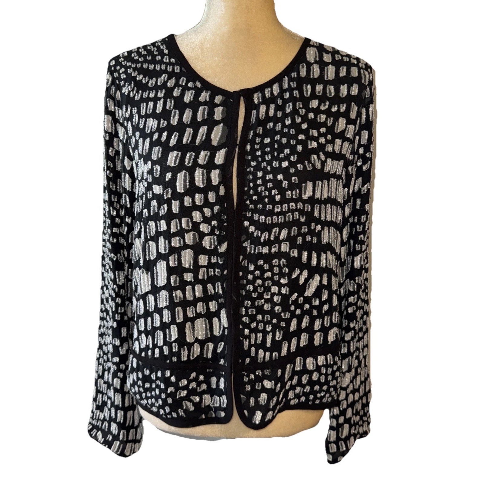 New Joie Moudine In Caviar Silk Beaded 3/4 Sleeve Jacket Size L